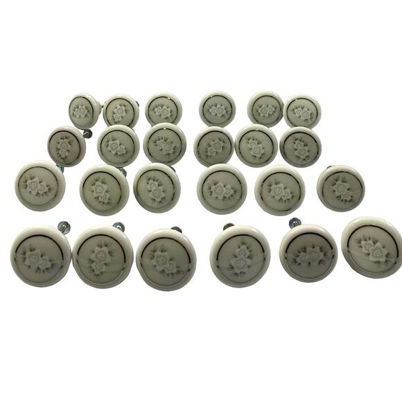 Vintage‎ Ceramic Cupboard Drawer Furniture Knobs 24 Pulls Floral Silver Trim - Picture 1 of 7